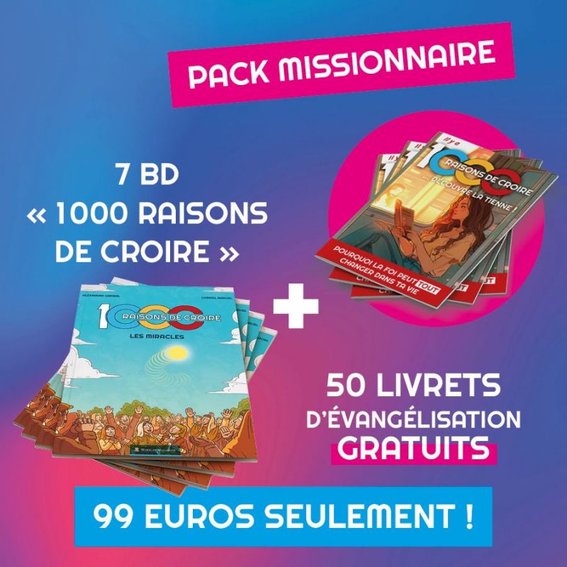 Pack missionnaire 7 bandes dessinées "1000 raisons de croire" + 50 livrets missionnaires offerts